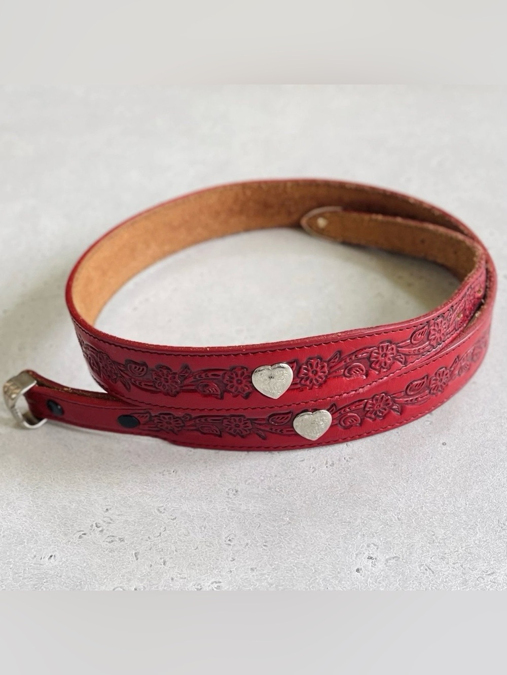 Vintage Tex Tan TexTan Red Tooled Leather Silver Heart Belt Western 34 No Buckle
